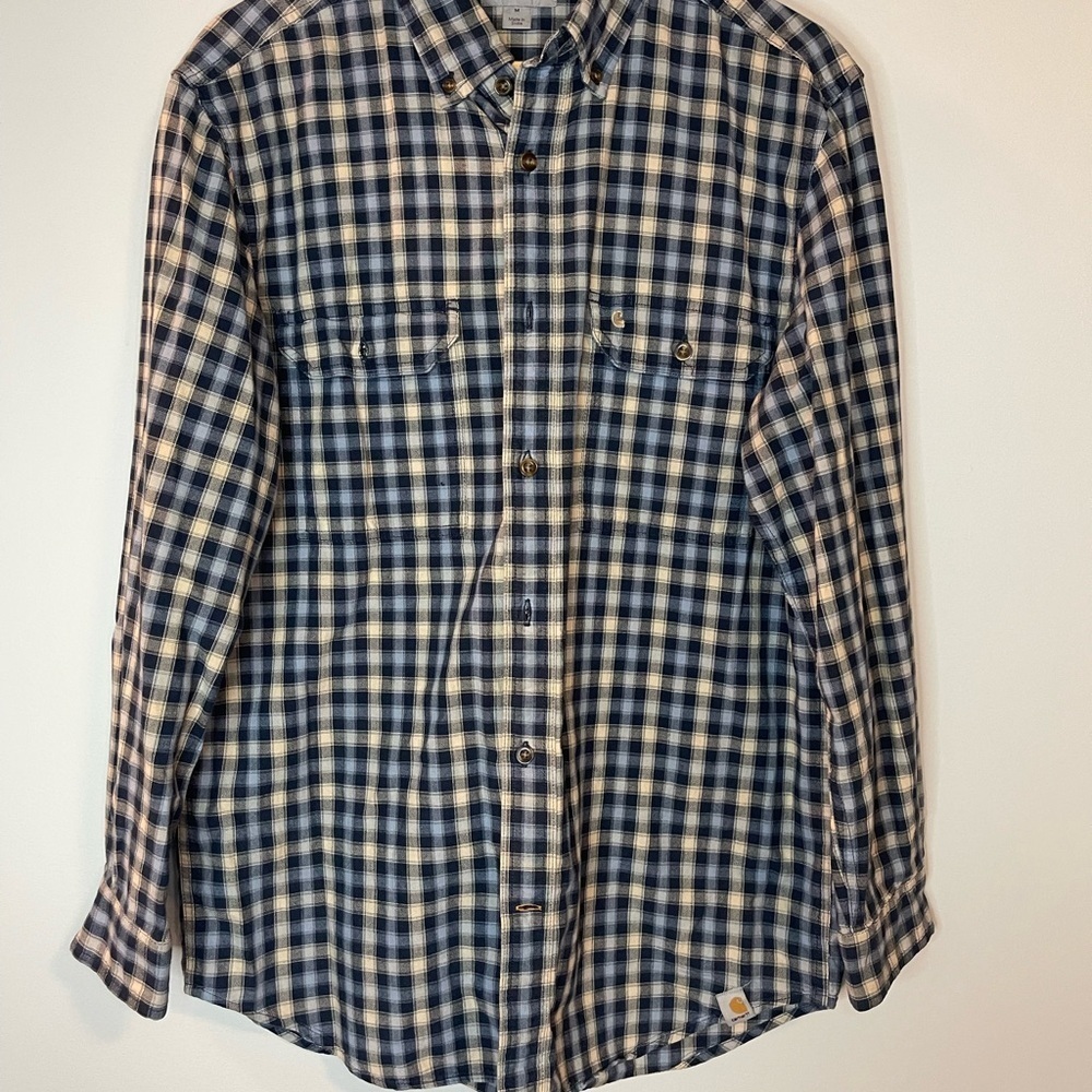 Carhartt Navy and Cream Plaid relaxed fit Button Down Shirt size medium